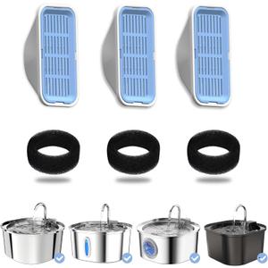 PEKTACO Cat Water Fountain Filters Replacement & Pre-Filter Sponges for 3.2L/108oz Automatic Pet Fountain, Dog Water Dispenser (3 Filters+3 Sponges)