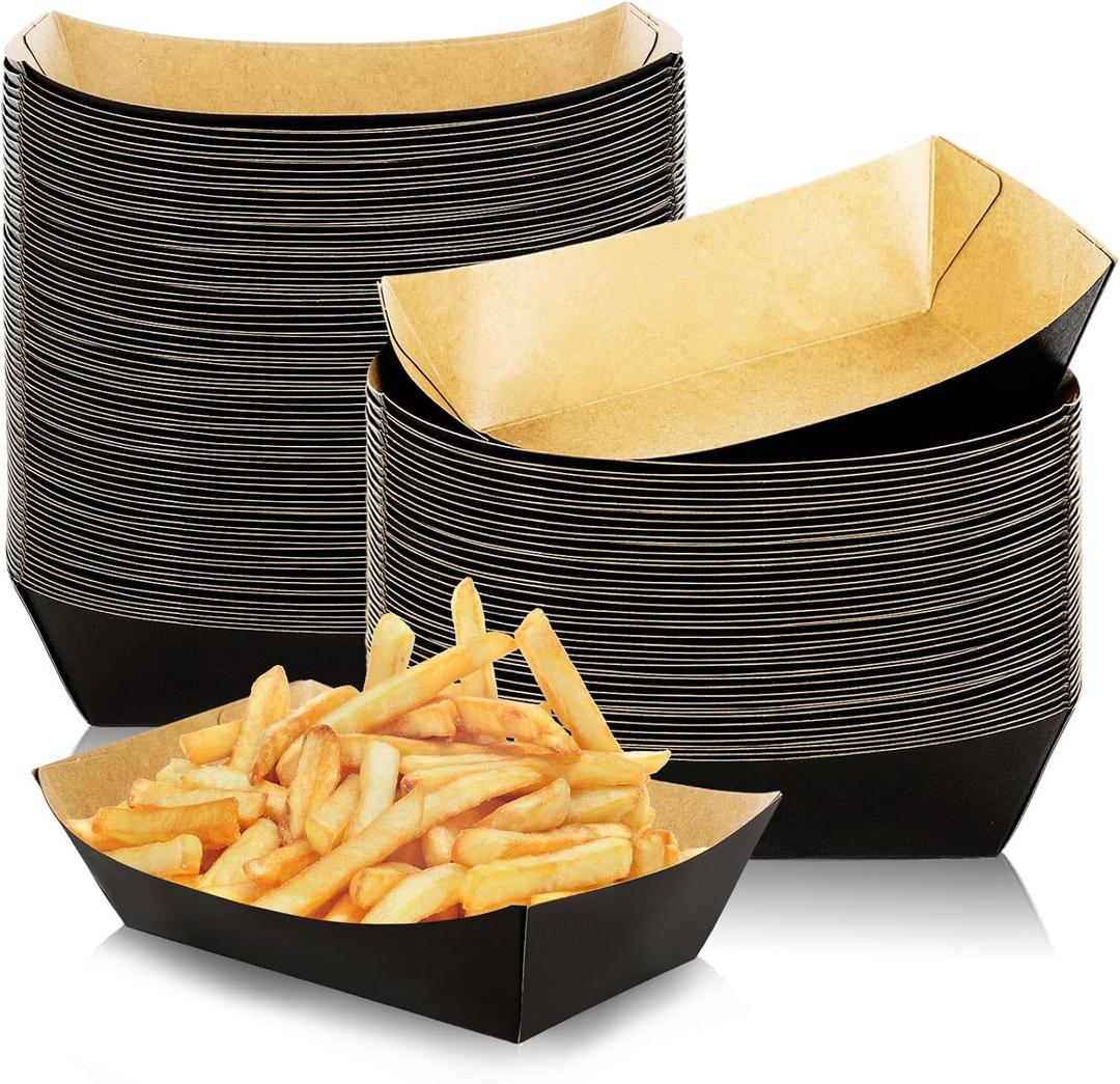 Whaline 100Pcs Disposable Paper Food Trays Black Paper Food Boat 1lb - Grease-Resistant Paper Food Serving Boats for Christmas Appetizers Parties Carnivals Concession Stand Supplies French Fry Holder