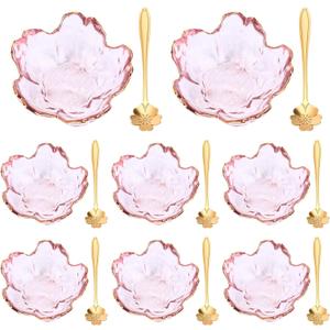 Set of 8 Pink Cherry Blossom Glass Bowls with Flower Spoons, Sakura Sauce Dishes Seasoning Little Bowl Japanese Flower Crystal Glass Appetizer Plates for Dipping Ice Cream(Gold Rim)