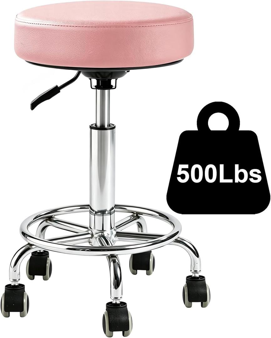 500lb heavy-duty Rolling Stool with Wheels,9.5cm thick Comfort cushion | Height Adjustable | PU leather|silent casters |Foot pedal ring|swivel stools for drafting chair,Salon,clinic, office, home