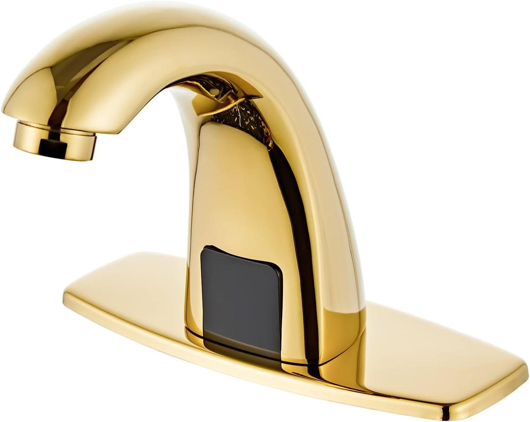 Polish Gold Touchless Bathroom Sink Faucet - Automatic Motion Sensor Battery Opertated with Temperature Mixing Valve for Commercial Lavatory (Polish Gold)