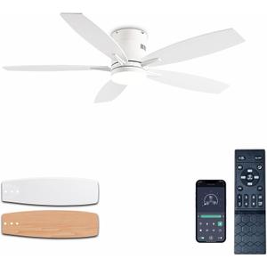 Ceiling Fans with Lights, 52" Low Profile Indoor Ceiling Fan with Light and Remote Control, Dimmable, Noiseless, Reversible, White Ceiling Fan for Bedroom, Indoor/Outdoor Use