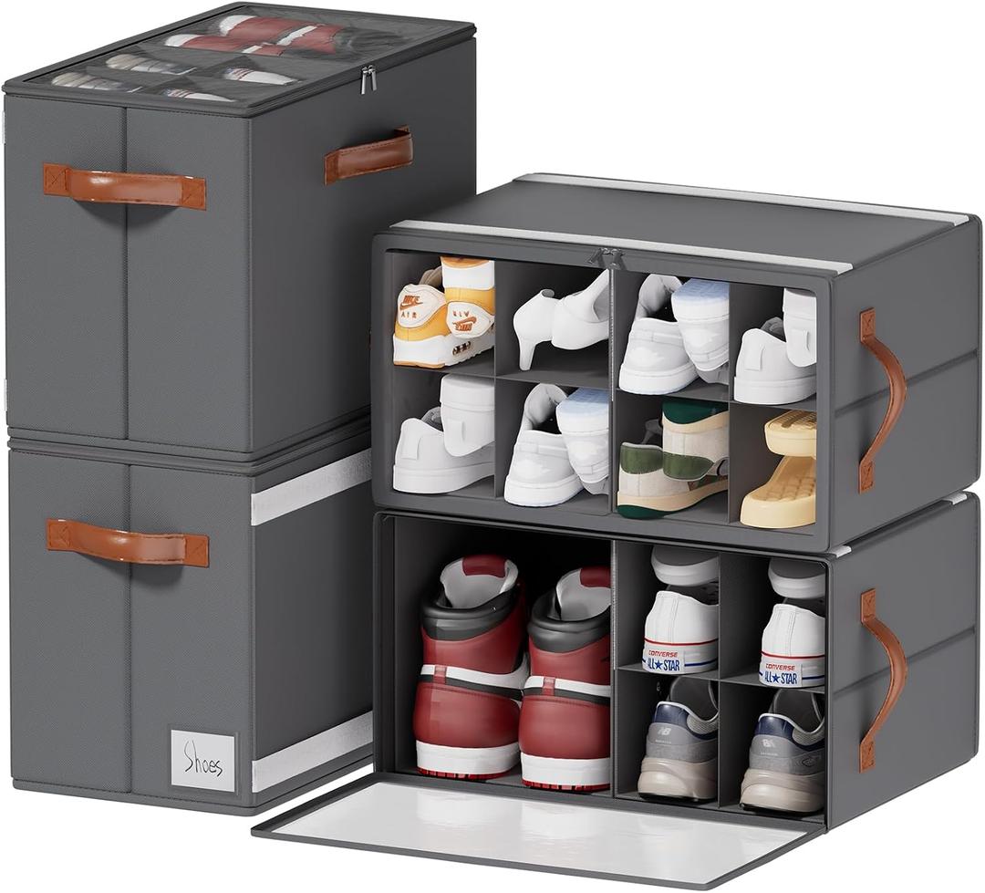 4 Pack Shoe Organizer for Closet, Foldable Shoe Storage Organizer with Adjustable Dividers and Clear Cover, Stackable Fabric Closet Shoe Organizer Storage Box Fits 32 Pairs, Gray