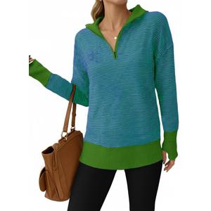 Saodimallsu Womens Quarter Zip Sweaters Striped Color Block Knit Sweatshirt Casual Trendy Pullover Tops with Thumb Hole (L)