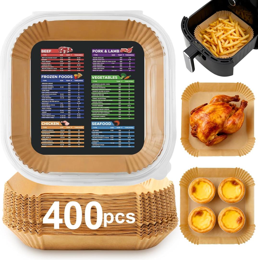 400 Pcs Air Fryer Liners Disposable, 8 Square Unbleached Heavy Duty Air Fryer Paper Liners, Parchment Paper for 5-8 qt Airfryer Basket, Non-Stick & Non-Leak Airfryer Liners for Deep Fryer Accessories