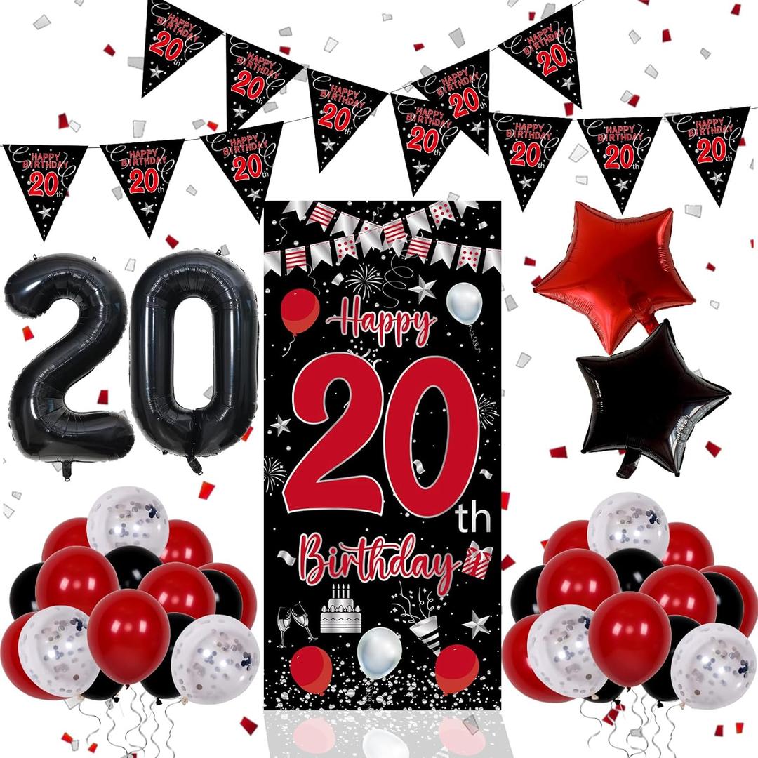 20th Birthday Decorations for Men Women, Red Black Happy 20th Birthday Balloons Decorations for Boys Girls, Boy 20 Year Old Door Banner, Triangle Flag, Large 20 Balloons Bday Party Decor for Him Her