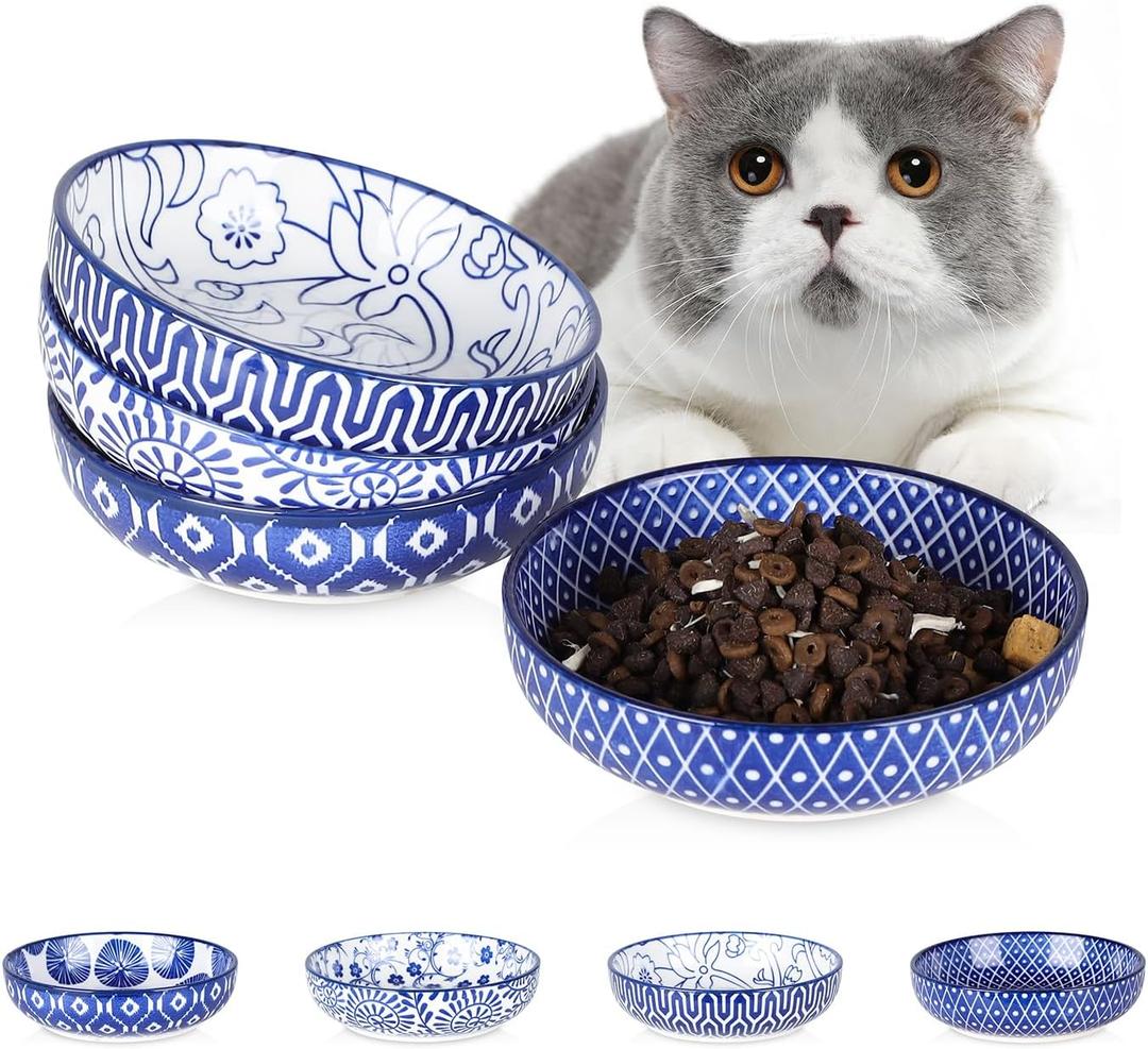 Selamica Ceramic Cat Food Bowl Set of 4, 5.6 Inch Wide Shallow Cat Bowls/Dishes for Food and Water, Vintage Blue