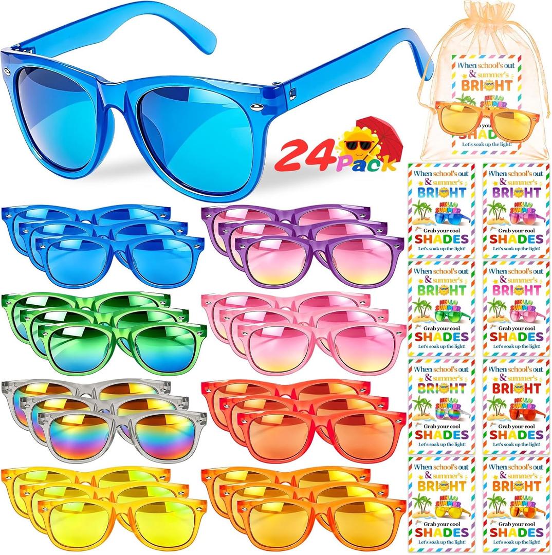 24 Pack End of School Year Gifts Kids Sunglasses Bulk 8 Colors with Cards and Organza Bags UV400 Protection for Boys Girls Age 3-12 Preschool Kindergarten Graduation Party Favors 2026