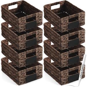 Nitial 8 Pcs 12 x 9 x 5 Inch Wicker Storage Basket, Rectangular Water Hyacinth Storage Baskets for Shelving, Foldable Woven Pantry Organizer with Chalkboard Label and Chalk Marker (Dark Brown)