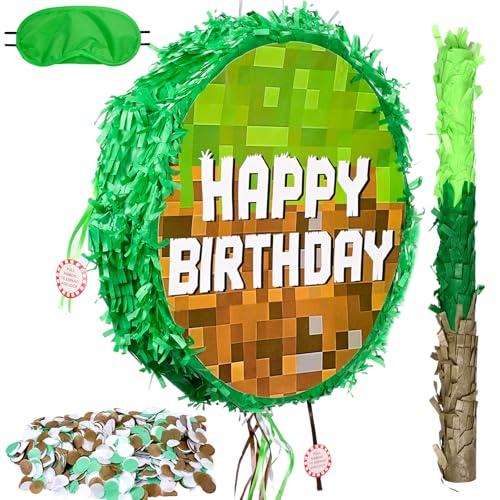 Birthday Pixel Pinata, Green Pixel Birthday Party Decorations with Stick Blindfold and Confetti Pixel Party Supplies for Kids Birthday, School Activities Game Party Decor