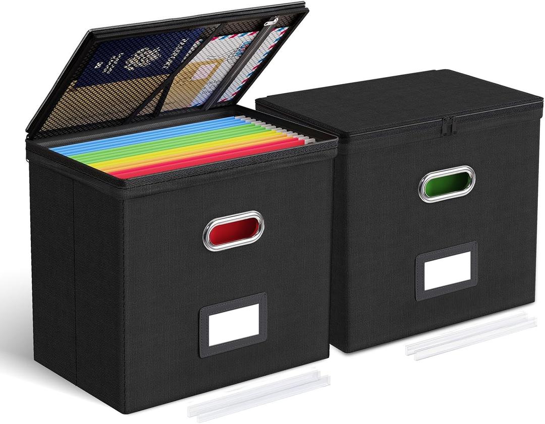Oterri 2 Pack File Organizer Boxes with Lids, File Box with Mesh Pockets, Document Organizer Box for File Folders Letter Size, Zippers Filing Box for Home, Office, School (Black, Without Folders)