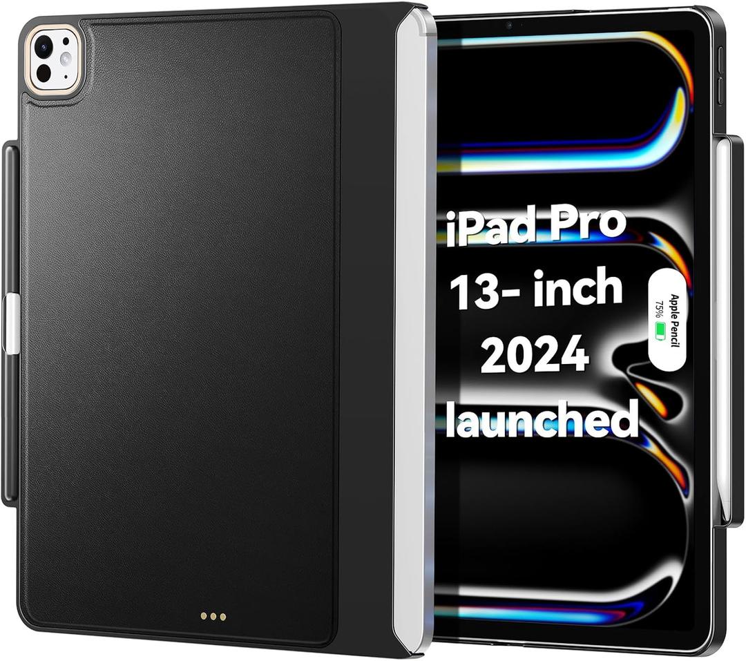 Magic-Keyboard Compatible Case for iPad Pro-13 inch M4 2024, Cover with Apple Pencil Holder for Smart MagicKeyboard Folio Slim Durability, with Durable Leather Surface, (Keyboard Not Included), Black