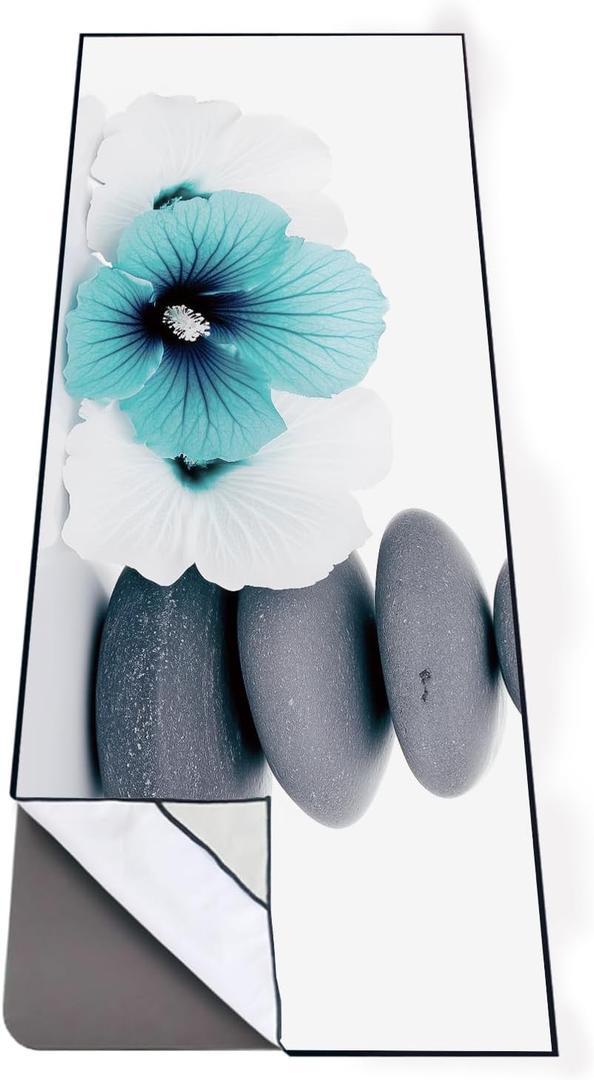 QiyI Yoga Towel with Travel Bag, Microfiber Mat-Sized Hot Yoga Towels, Non Slip Blanket with Corner Pockets, Quick Dry Mat Towel for Bikram, Pilates, Fitness - 70"x26", Pebbles & Blue White Flowers