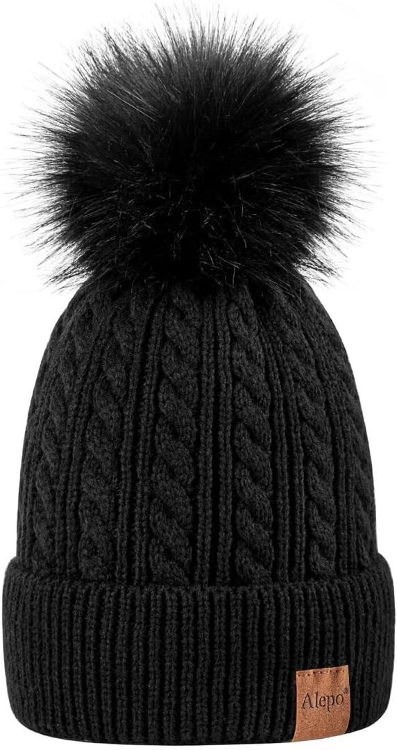 Alepo Womens Winter Beanie Hat, Warm Fleece Lined Knitted Soft Ski Cuff Cap with Pom Pom (Black)