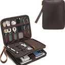 LANNSYNE Full Grain Leather Travel Cable Accessories Bag, Electronic Organizer Carry Case Double Layer Storage Case for Cables, Charger, Phone, Power Bank (Brown)