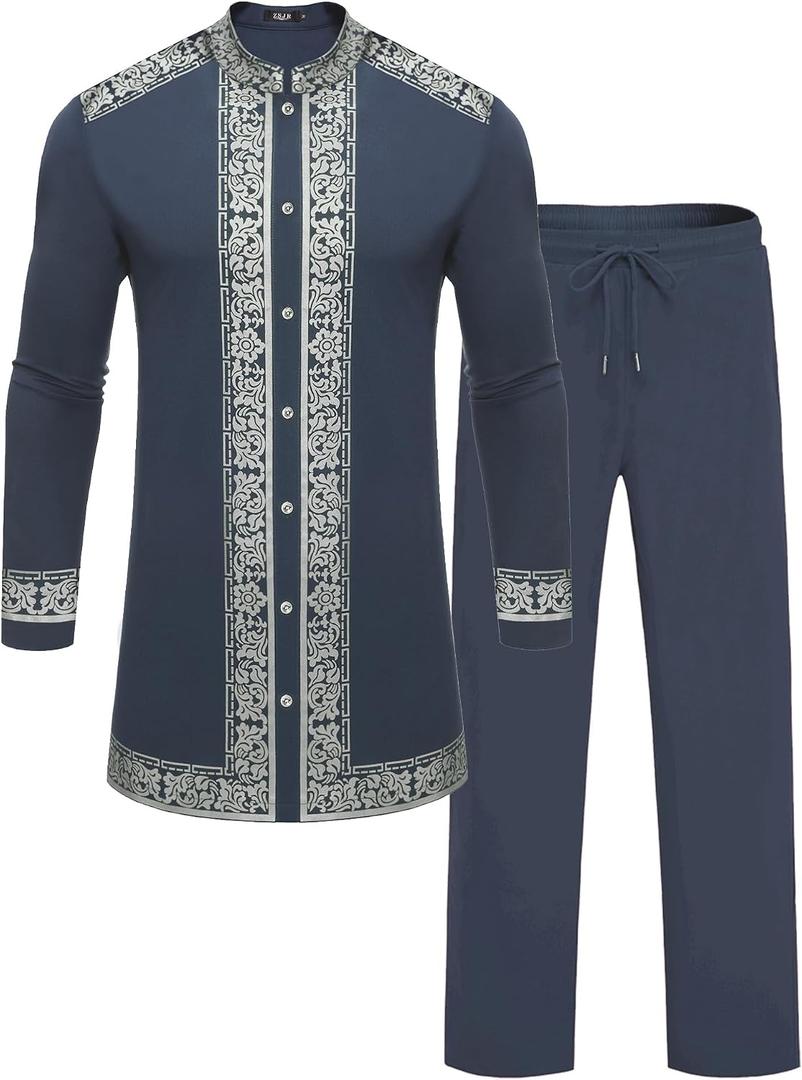 Mens African 2 Piece Set Nigerian Dashiki Metallic Traditional Suit Gold Stamp Printed Shirt and Pants Outfit (Blue, S)