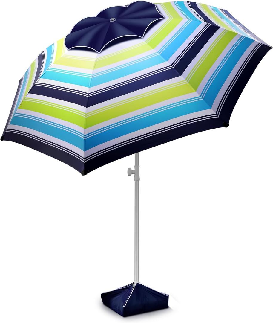 Fisqueen 8FT Large Beach Umbrella for Sand Heavy Duty Wind Portable, Sand Anchor and Stand Bag, UPF 50+ UV Protection, Level 7 Wind Resistance Design, Windproof for Beach, Patio, Yard