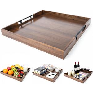 20 Inch Large Square Ottoman Tray, Premium Acacia Wooden Serving Tray with Metal Handles, Large Decorative Tray for Living Room, Ottoman, Coffee Table, Charcuterie Trays Use for Kitchen