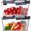 HOMBERKING 4 Pieces 63oz/8cup Large Glass Food Storage Containers with Lids, Meal Prep Containers, Airtight Bento Boxes with Leak Proof Locking (2 Containers + 2 Lids) - Microwave, Oven Safe (Black)