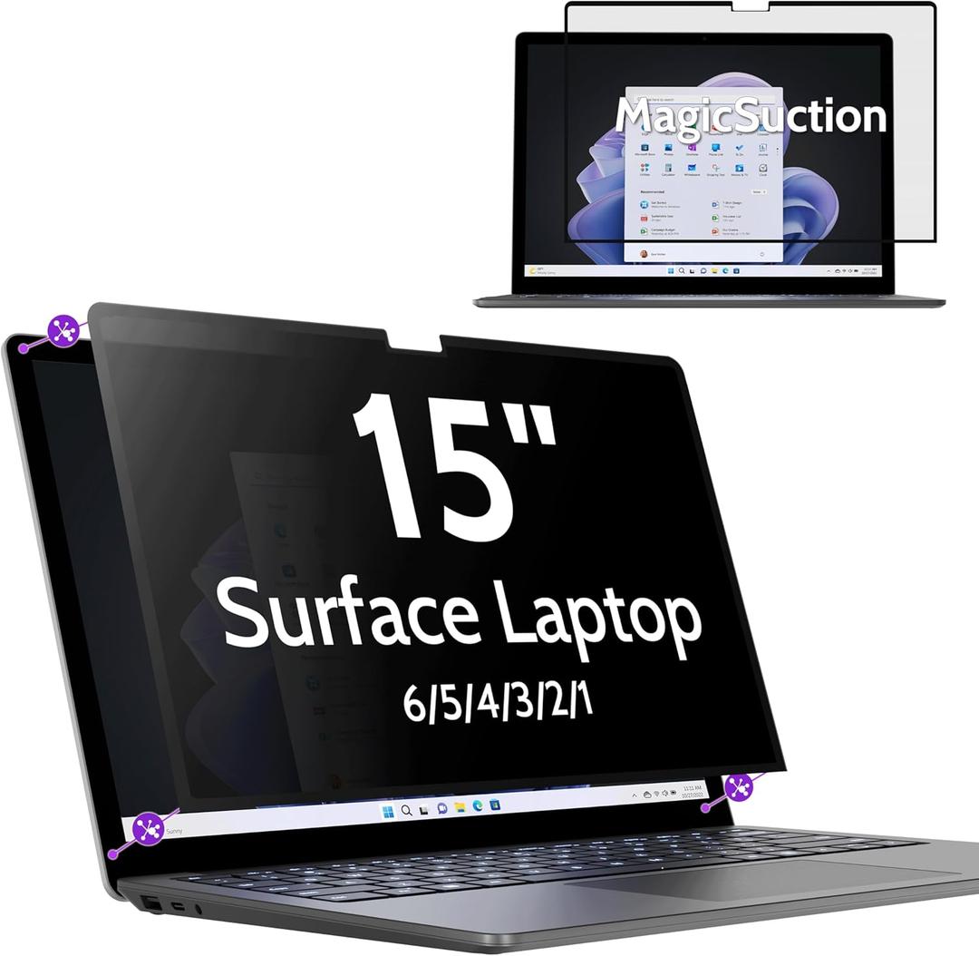 Privacy Screen for 15 Inch Surface Laptop 6/5/4/3/2/1, MagicSuction Removable Anti Spy Black Protector, Glare Blue Light Filter for Microsoft Laptop Computer Monitor