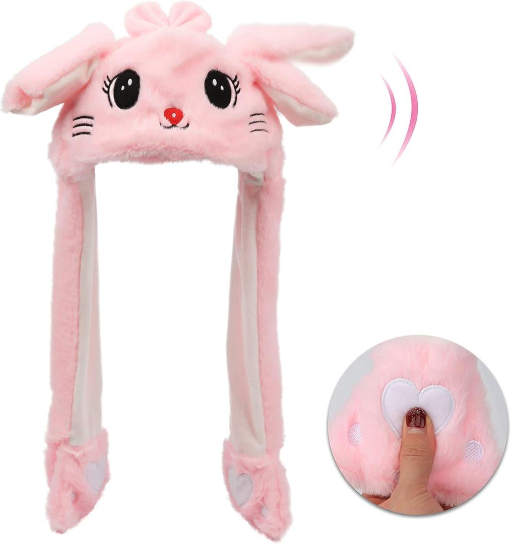 Animal Hat with Ears Moving Jumping Pop Up Beating Hat Plush Holiday Cosplay Dress Up Funny Gift for Kids Cat Pink