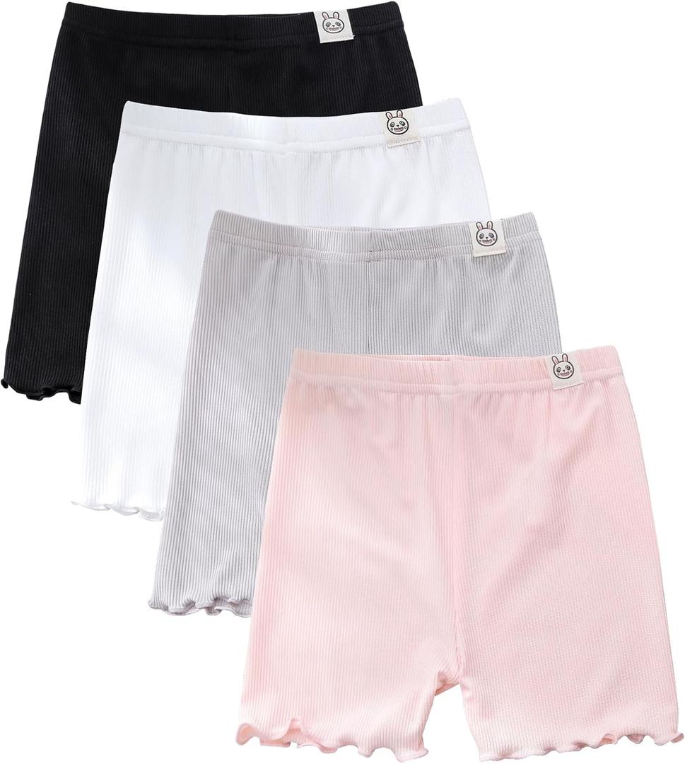 4 Pack Girls Bike Shorts Under Dress Ice Silk Safety Shorts for Toddler Kids Cartwheel Dance Summer (Black,white,pink,gray) size is 7-8 Years