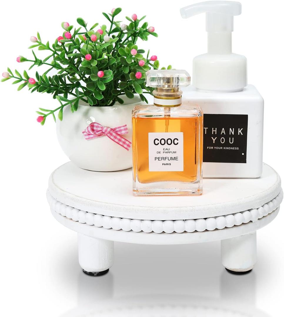 Farmhouse Beaded Wood Pedestal Tray Decor, 7.6 Round Vintage Display Stand, Decorative Accent Display Riser for Kitchen, Bathroom Small Items (White)