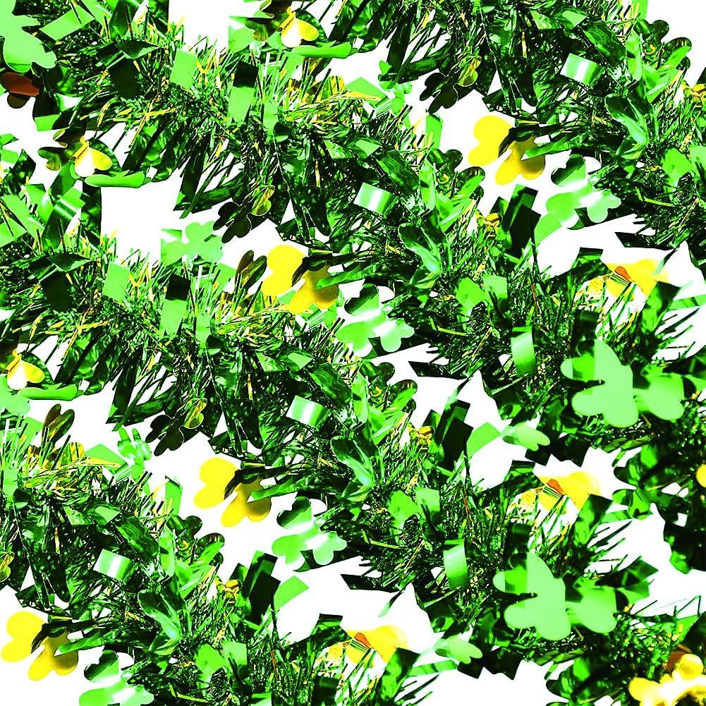 33 Ft St.Patrick's Day Tinsel Garland, Green Garland with Shamrock Saint Patricks Day Decorations for Saint Patrick's Day Party Decor, Shiny Hanging Clover St Patrick's Day Tree Decorations