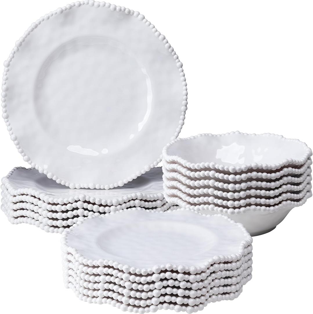 Beaded Melamine Dinnerware Set of 6,18 piece Farmhouse Plates and Bowls Set