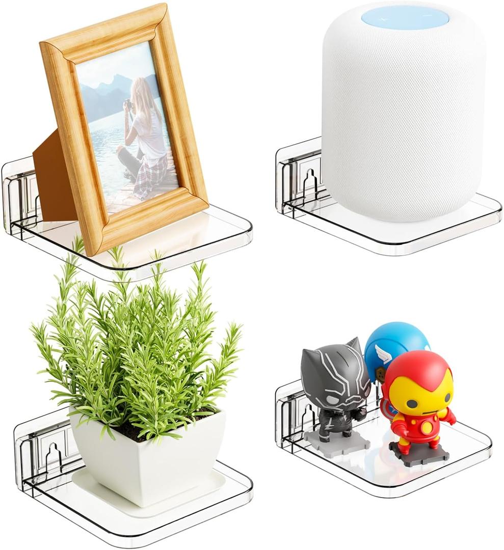 Yieach 5 Inch Mini Shelf for Wall,4 Pack No Drilling Small Adhesive Shelf,Plant Shelves Indoor,Small Acrylic Floating Shelves for Wall and Display Ledges Picture,Funko,Anime Figure,Figurine,Clear
