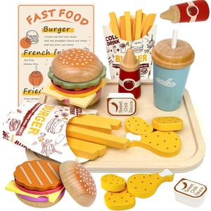 Wooden Play Food Set for Kids, Pretend Fast Food Playset, Wooden Hamburger French Fries Toy, Play Kitchen Accessories for Toddlers, Educational Toys Gift for Boys Girls