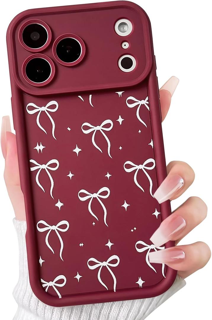NITITOP Compatible with iPhone 17 Pro Case Cute Trendy Ribbon Bow Knot Star Aesthetic Design for Women Girls Stylish Soft TPU Silicone Shockproof Full Camera Protective Cover - Wine Red