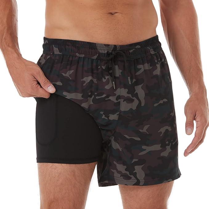 BRISIRA Mens Swim Trunks Swim Shorts Quick Dry 5 inch Inseam Beach Shorts with Compression Liner and Zipper Pocket, Size M