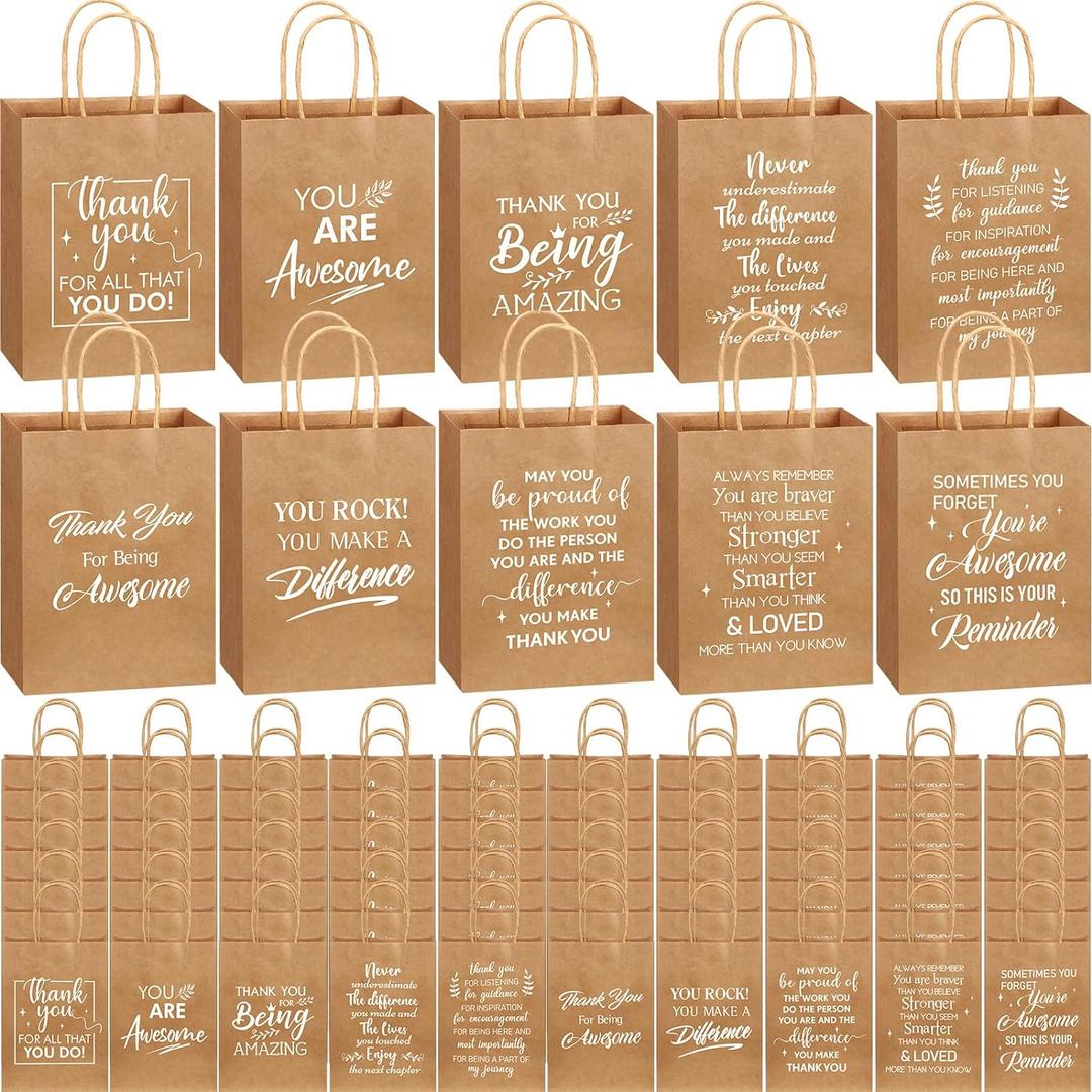 Engrowtic 100 Pcs Employee Appreciation Gift Bags Bulk Thank You Gifts Small Kraft Party Favor Paper Bags with Handles for Women Team Staff Coworker Teacher, 8.3 x 3.1 x 6(Brown)