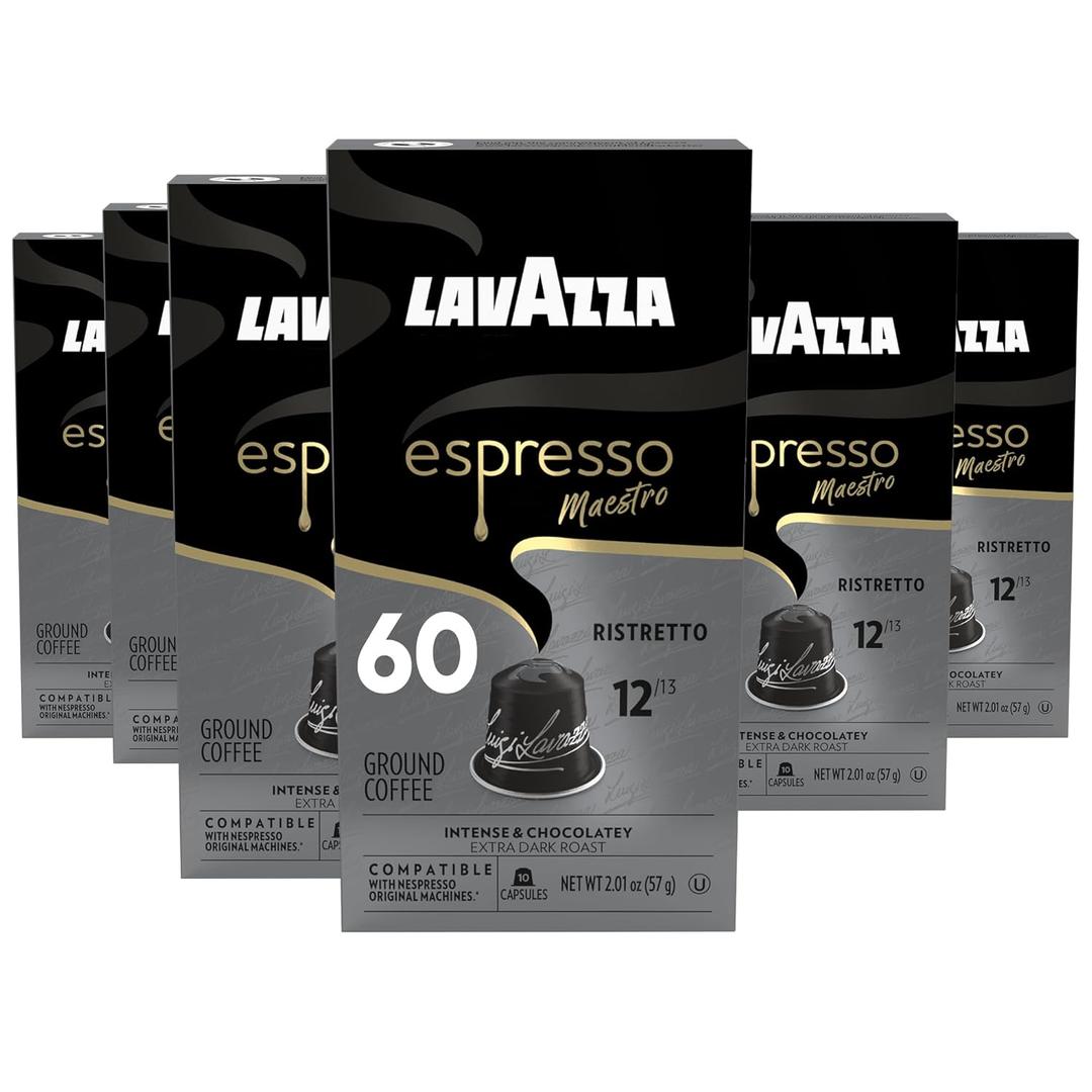 Lavazza Espresso Maestro Ristretto Aluminum Capsules Compatible with Nespresso* Original Machines, Dark Espresso Roast, Arabica and Robusta Blend (60 Capsules) (10 Count (Pack of 6)), Best By: 30/12/2025
