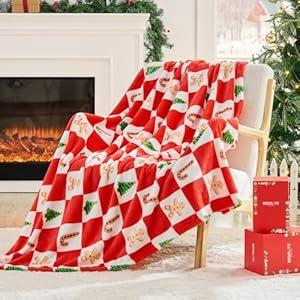 BEDELITE Christmas Throw Blanket – Red and White Checkered Holiday Blanket with Gingerbread Man, Candy Cane & Christmas Tree Pattern, Soft Warm Fleece Christmas Blanket for Home Décor & Gift, 50"x60"
