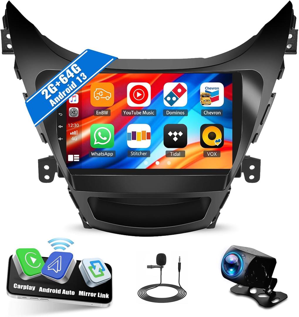 SIXWIN 2G+64G Android Car Stereo for Hyundai Elantra 2011 2012 2013 with Wireless CarPlay Android Auto Mirror Link 9 Inch Touchscreen Bluetooth GPS Navigation WiFi FM Backup Camera MIC