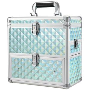 FRENESSA Extra Large Makeup Organizer Case Cosmetic Box Storage with Drawer Mirror Nail Manicure Accessory Organizer With Dividers Travel Nail Art Case for Makeup Artist Nail Tech Case Watery Blue