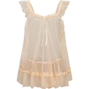 OYOANGLE Women's Lingerie Set 2 Piece Mesh Lace Sheer Chemise and G String Babydoll Nightwear (Apricot), Large