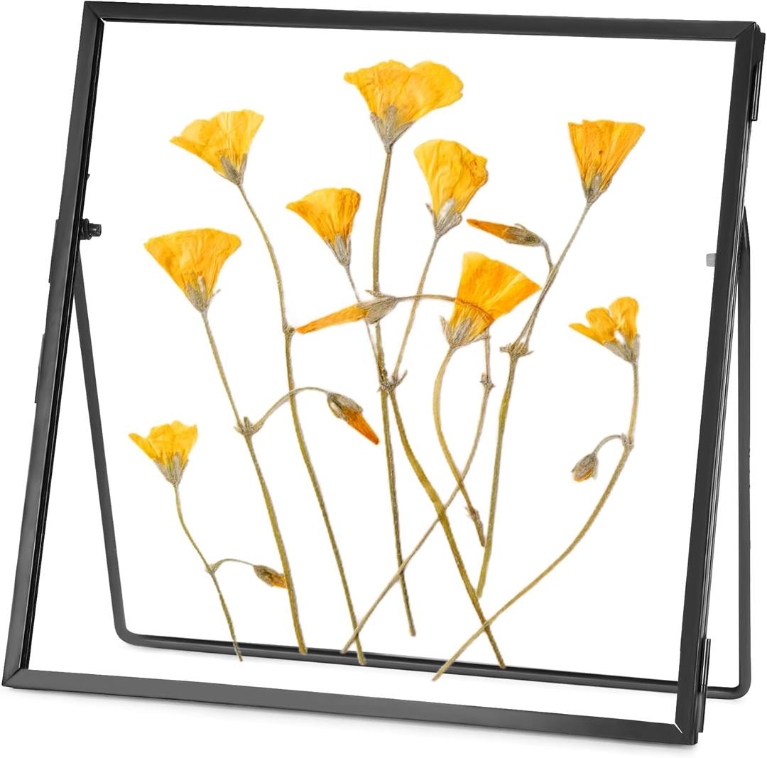 Double Glass Frame for Pressed Flowers Handmade, Tabletop Photo Frame for Floating Picture and Flower Press, Simple, Metal Geometric, Square, Black, 4x4 Inches (4L" x 4W")
