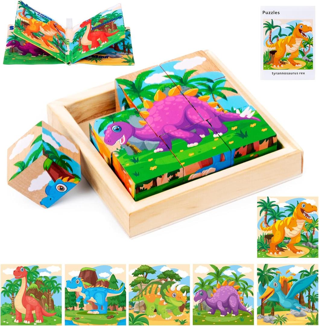 Wooden Dinosaur Block Puzzles for Kids Ages 3-5 with Baby Book, Jigsaw Puzzles Preschool Educational Interactive Toys Gift for Boys Girls, Wood Dino Cube Puzzles for Toddlers 2 3 4 5 6 Years Old