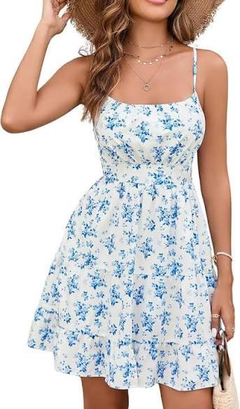 Women Spaghetti Straps Dress Summer Cute Dresses Corset Square Neck Short Flowy Mini Sundresses for Vacation (Blue, XL)