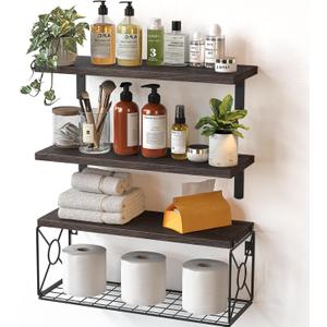 Amada Bathroom Shelves Over Toilet with Storage Basket, Floating Wall Shelf for Home Organization & Wall Decor, Bathroom/Kitchen/Living Room ShelvesRustic Brown | with Storage Basket, Wall Decor, Bathroom, Kitchen, Living Room (Dark Carbonized Brown)