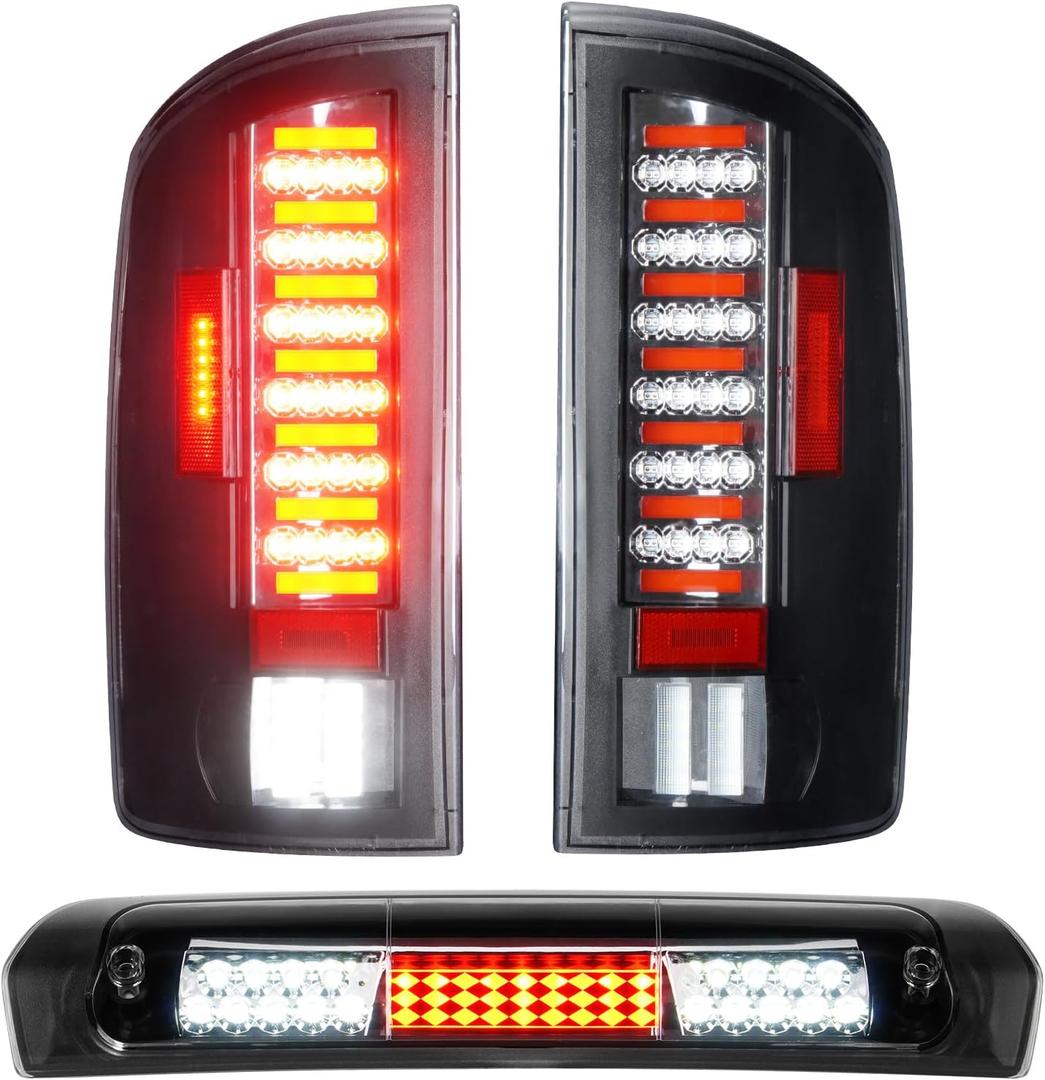 LED Tail Lights + Third 3rd Brake Light Fit for Dodge Ram 1500 2002-2006,Fit for Dodge Ram 2500 3500 2003-2006, Chrome Housing Clear Lens
