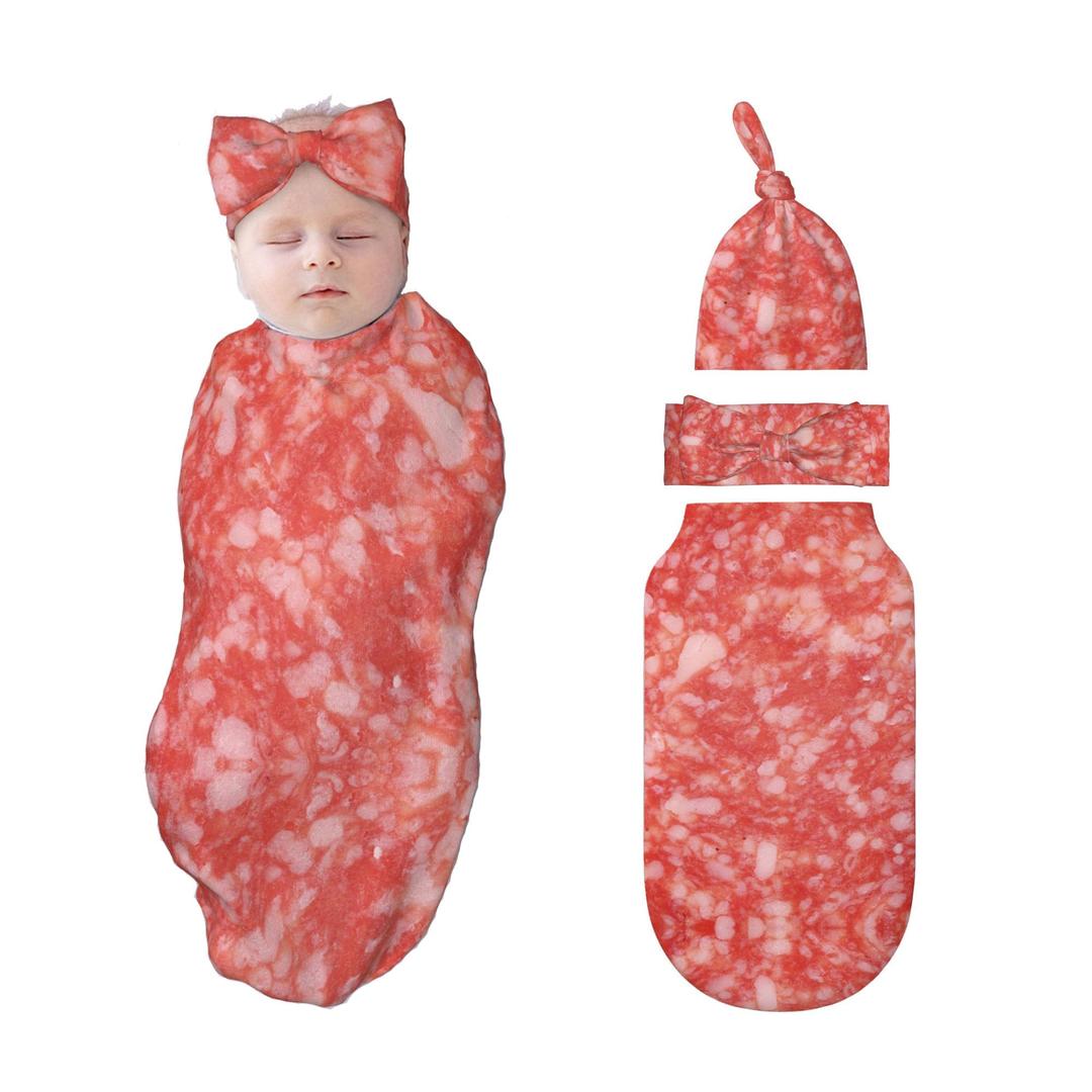 Figtihw Meat Food Swaddle Blankets Newborn Receiving Blanket Baby Swaddle Wrap with Headband Hat Set for Baby Girls Boys