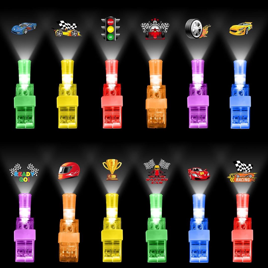 Capoda 36 Pack Race Car Party Favors LED Finger Lights Glow in The Dark Rings with racing Car, Checkered Flag & Helmet Projections, Birthday Goodie Bag Stuffers, Piata Fillers, Classroom Prizes