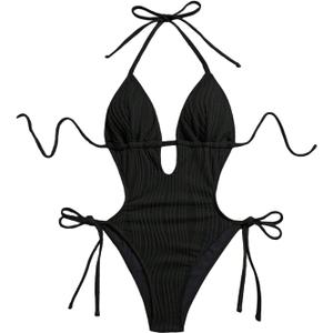 OYOANGLE Women's Textured Monokini Cheeky Bathing Suit Cutout Open Back One Piece Swimsuits, Medium
