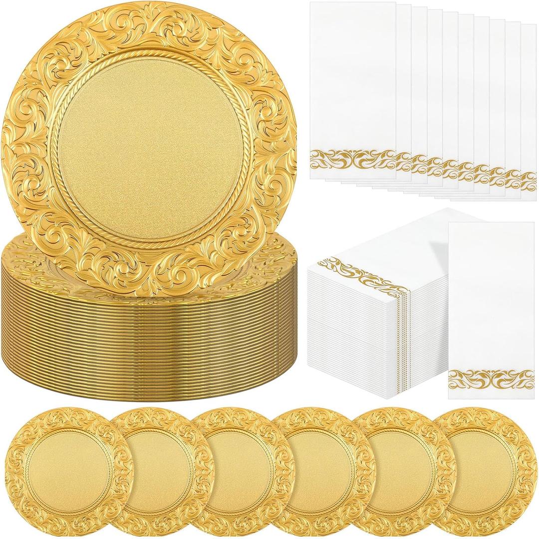 FoldTier 50 Set Antique Charger Plates with Napkins Set 13 Inch Plastic Round Chargers Bulk Embossed Rim Dinner Plates Elegant Guest Towels for Wedding Party Event Table Decoration Setting (Gold)
