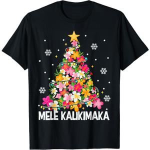 Hawaiian Floral Christmas Tree Mele Kalikimaka Tropical Xmas T-Shirt M