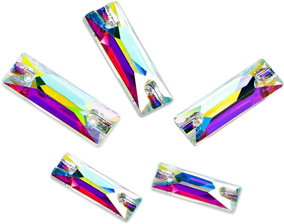 DONGZHOU Strip Shape Sew on Rhinestones,Sew on Crystal for Clothes Flat Back Rhinestones with 2 Holes (AB-3061 Baguette)